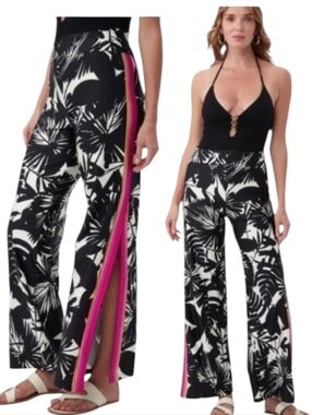 Trina Turk Lennox Wide Leg Swim Cover Up Pants Side Slit Palm Black White Sz M